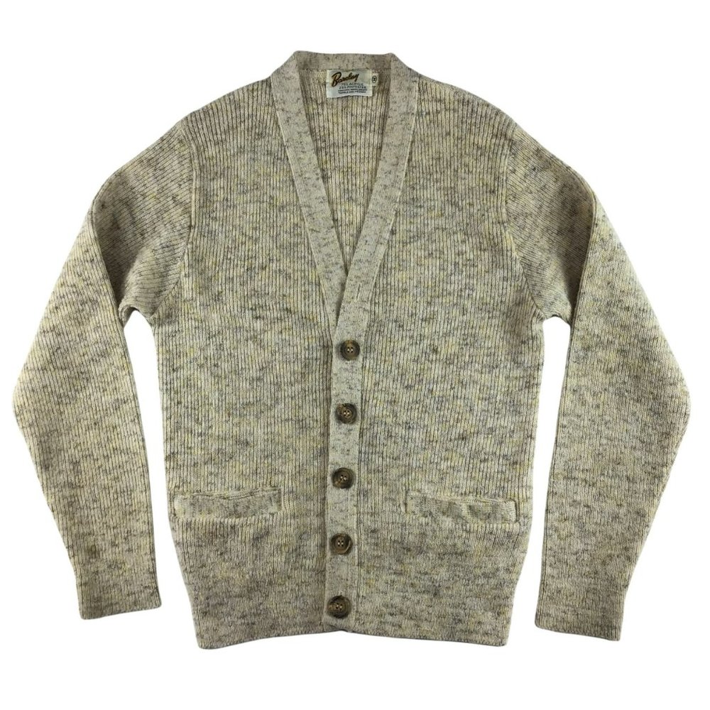 Vintage Mens Sweater cardigan M tan brown Ribbed 60s 70s grandpa light academia